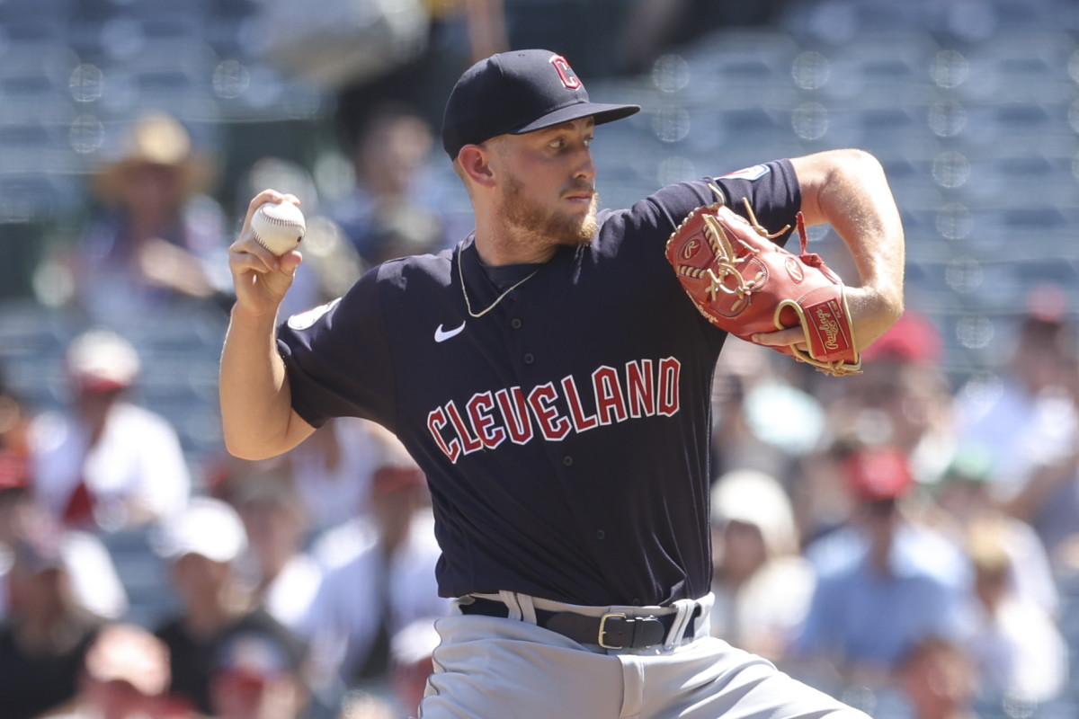 Sep 10, 2023; Anaheim, California, USA; Cleveland Guardians starting pitcher Tanner Bibee (61) throws to a Los Angeles Angels batter during the first inning of a game at Angel Stadium.